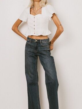 Miou Muse Cropped Button-Front Peplum Top in White